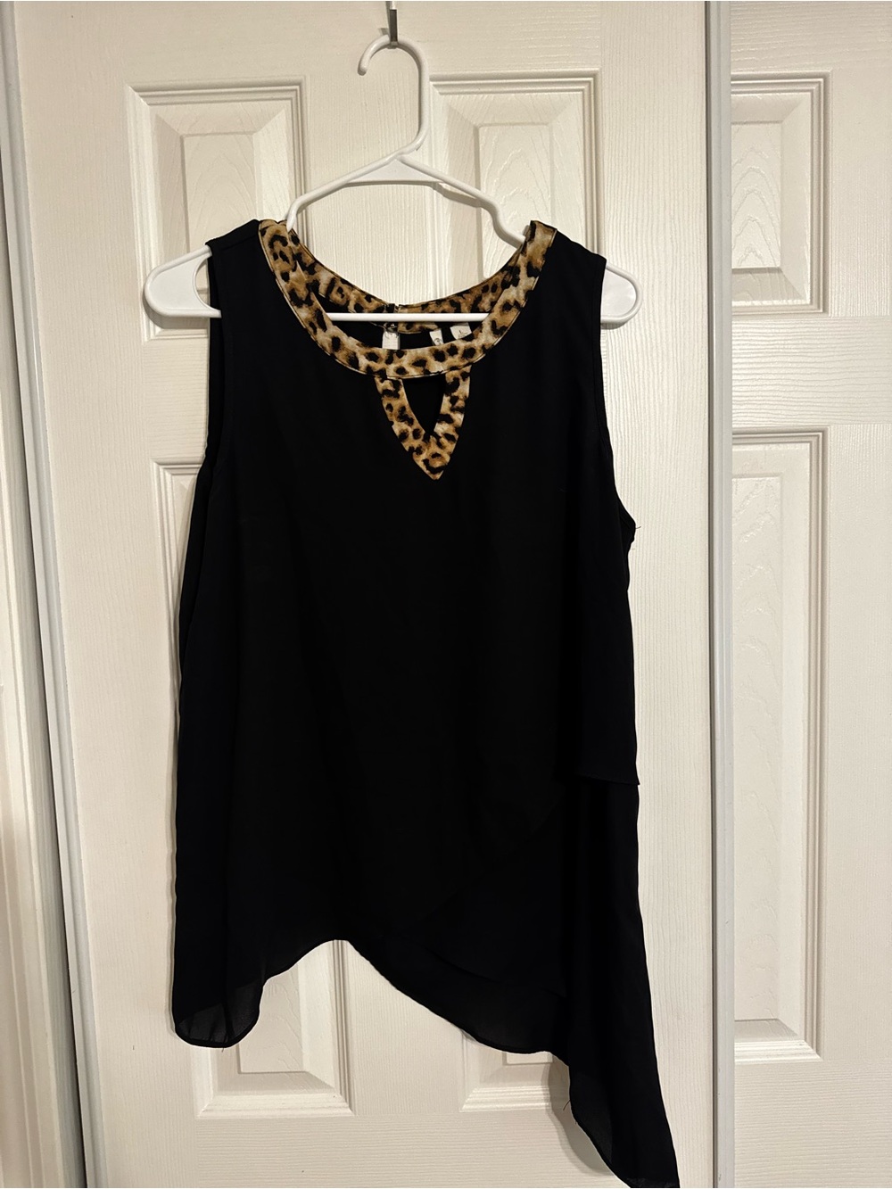 Black Tank Top Blouse with Leopard Trim